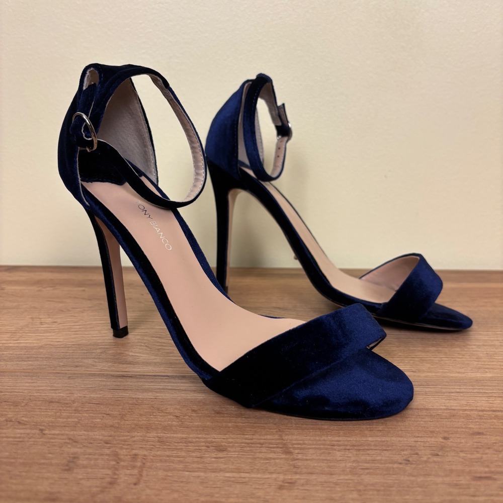TONY BIANCO Karvan Heel Sandals‎ In Blue Navy Velvet Women Size 7.5 Formal Party